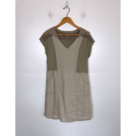 XCVI Dresses & Skirts - XCVI Hooded Mini Dress Size S Cream Crochet Pockets Beach Short Sleeves